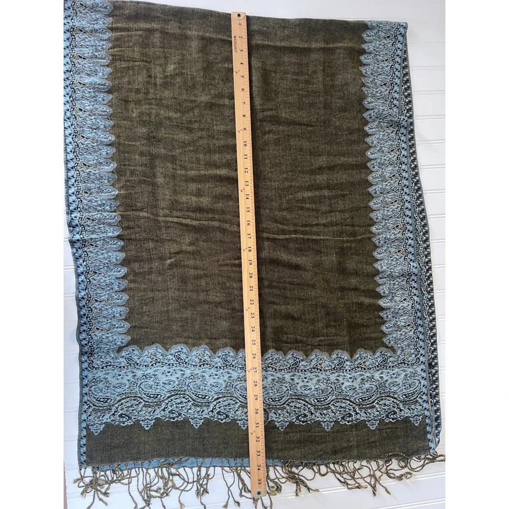 Pashmina Silk Blend Reversible Paisley Scarf Wrap Blue Olive Green Fringe